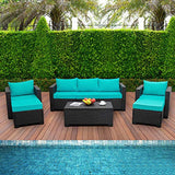 Patio Wicker Furniture Set 6 Pieces Outdoor PE Rattan Conversation Couch Sectional Chair Sofa Set with Turquoise Cushion