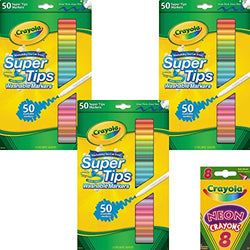 Crayola 150 ct Washable Super Tips Markers 50 Color Variety Bundle with Box of Neon Crayons