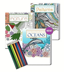 ZOCO Gift Pack: 3 Adult Coloring Books and Colored Pencils Set - Oceans, Nature and Patterns