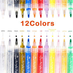 Acrylic Paint Markers,12 Colors Paint Pens for Rock Painting, Stone, Ceramic, Porcelain, Glass, Wood, Fabric, Paper, Canvas,DIY Craft, Non Toxic, Waterbased, Quick Drying