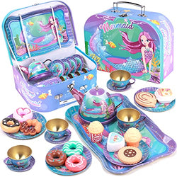 Golray 27Pcs Kids Tea Party Set for Little Girls Mermaid Gift Pretend Toy Tin Tea Set & Carrying Case & Food Sweet Treats Playset, Princess Tea Time Kitchen Pretend Play Tea Set Toys