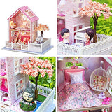 Dollhouse Miniature with Furniture, DIY Wooden Doll House Kit Plus LED and Music Movement, 1:24 Scale Creative Room Idea Best Gift for Children Friend Lover （Pink Cherry Blossom）