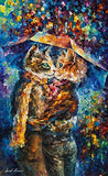 Cat Kiss — Palette Knife Romantic Animals With Umbrella Oil Painting On Canvas By Leonid Afremov Studio. Size: 24" X 40" Inches (60 cm x 100 cm)