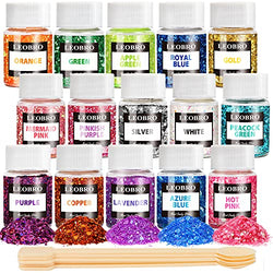 Holographic Chunky Glitter, 15 Colors Craft Glitter for Resin, with 5PCS Mixing Spoon, LEOBRO Cosmetic Glitter for Nail Body Eye Face, Resin Glitter Flakes Sequins for Art Crafts Slime Jewelry Making