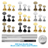 Paxcoo 480 Sets 3 Sizes Leather Rivets Double Cap Rivet Tubular Metal Studs with 3 Pieces Setting Tool Kit for Leather Craft Repairs Decoration, 4 Colors