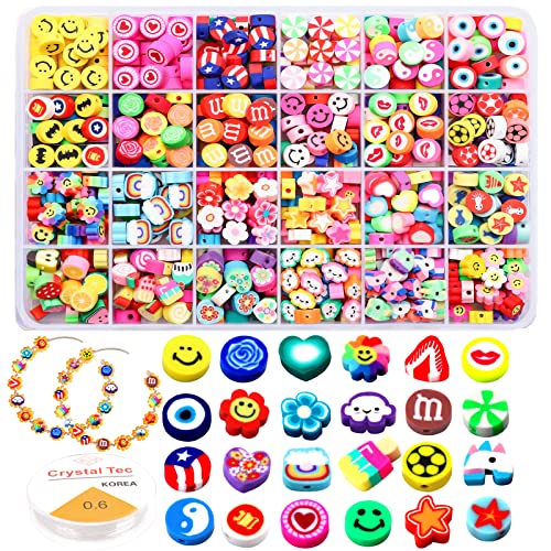 Natonhi 480 Pcs Polymer Clay Beads For Jewelry Bracelet Making Kit 24  Styles Preppy Beads Diy Arts And Crafts Kit Include Flower Smiley Face Bead  Char