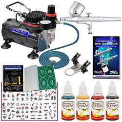 Master Airbrush Tattoo System. Master G22 Airbrush, Air Compressor, 100 Tattoo Stencils, 6' Air Hose, 4 Color Temporary Tattoo Ink in 1-oz Bottles Includes a How to Airbrush Training Book