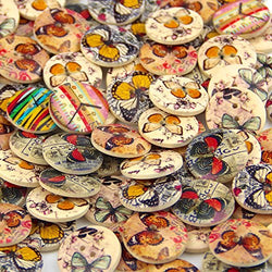 Pack of 50PCS Butterfly Buttons Colorful of Various Plain Round DIY 2 Holes Wooden Buttons for
