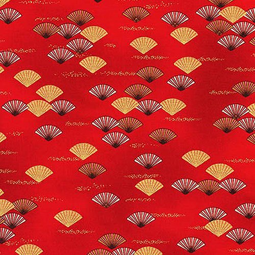 Debsews Fabric Imperial Fans: Crimson Red and Gold Metallic - Asian Japanese Quilt Fabric (By the