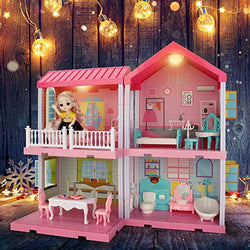 Dollhouse Dreamhouse Building Toys, Princess Doll House, Playset with Lights, Furniture, Accessories and Dolls, Cottage Pretend Play House Set, DIY Creative Gift for Girls Toddlers, Pink(4 Rooms)