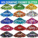 Holographic Chunky Glitter, Set of 15 Colors, LEOBRO Resin Glitter Craft Glitter with 10 PCS Stir Spoons, Cosmetic Nail Glitter, Glitter for Resin Arts Crafts, Body, Face, Nail, Glitter Slime Making