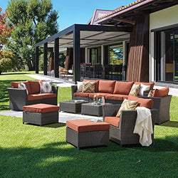 XIZZI Patio Furniture Set,Outdoor Sectional Sofa with 4 Pillows and Furniture Cover,Fully Assembled Wicker Furniture with Coffee Table (Red)