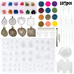 Sthabt - 107pcs Silicone Resin Jewelry Casting Mold with Glitter and Flower Decoration DIY Artcraft Project Gift Pendant Making Tools Set for Beginners