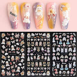 Easter Nail Art Stickers 5D Embossed Nail Decals Rabbit Nail Art Design Self Adhesive Nail Supplies Easter Bunny Radish Flower Butterfly Nail Stickers for Women Manicure Decoration 3 Sheets