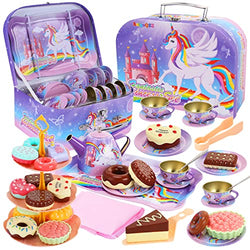 BeiyoQSZ 36 Pack Tea Party Set for Little Girls, Princess Tea Time Toy with Food Playset Cookies Doughnut Dessert Tower Tablecloth& Carrying Case, Kids Kitchen Pretend Play Tea Set for Age 3-6