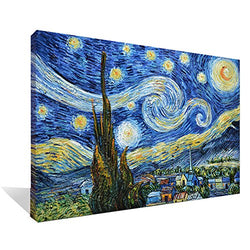 Asdam Art 100% Hand Painted 3D Blue Starry Night by Vincent Van Gogh Work Abstract Oil Paintings Framed Modern Home Wall Art for Living Room Bedroom Dinning Room (24x36inch)