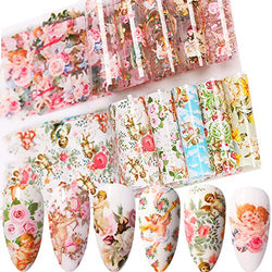 Angel Nail Foil Transfers Stickers, 10 Sheets Angel Cupid Nail Decals Baroque Cupid Flower Leaf Starry Sky Valentine's Day Nail Art Stickers Decals DIY Manicure Decoration for Women Girls