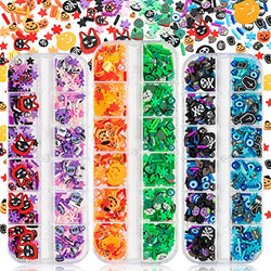 Noverlife 36 Grids Halloween Nail Art Slices, Halloween Nail Clay Glitters, Pumpkin Cross Cat Skeleton 3D Polymer Nail Sequins, Halloween Nail Design Slime Flakes, DIY Manicure Nail Decals Confetti