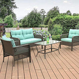 Okeysen Patio Outdoor Furniture Sets, 4 Pcs with Loveseat, All-Weather Checkered Wicker Rattan Conversation Sofa Set, Glass Coffee Table with Removable Cushion. (Green)