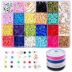Canvall Clay Spacer Beads Jewelry Making Kit, 4080Pcs Flat Round Polymer Heishi Clay Beads with Pendant Charms Kit and 4 Roll Elastic Strings for Bracelets Necklace Earring DIY Craft