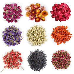 9 Bags Dried Flowers,100% Natural Dried Flowers Herbs Kit for Soap Making, DIY Candle Making,Bath - Include Rose Petals,Lavender,Don't Forget Me,Lilium,Jasmine,Rosebudsand More