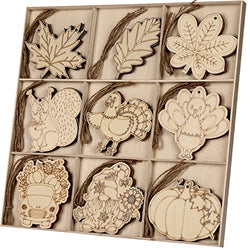N&T NIETING 27pcs Fall Thanksgiving Wood Ornaments for Crafts Maple Leaves Squirrel Turkey Pumpkin Hanging Decoration DIY Unfinished Wood for Halloween Party Harvest Festival Tree Crafts Decoration