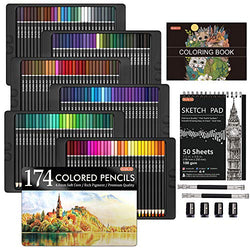 174 Colors Professional Colored Pencils, Shuttle Art Soft Core Coloring Pencils Set with 1 Coloring Book,1 Sketch Pad, 4 Sharpener, 2 Pencil Extender, Perfect for Artists Kids Adults Coloring, Drawing