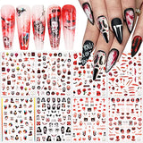 8 Sheets Halloween Nail Art Stickers 3D Ghost Face Nail Decals Horror Bloody Scar Zombie Ghost Skull Clown Evil Blood Spooky Vampire Nail Stickers for Women Girls Halloween Nail Designs Supplies