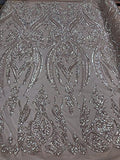 Light Pink Iridescent Empire Design Embroider With Sequins On A Mesh-By Yard