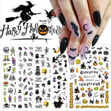 Halloween Nail Art Stickers Decals,10 Sheets 3D Self-Adhesive DIY Nail Sticker Witch Skull Witch Pumpkin Maple Leaf Cat Design Nail Art Design for Halloween Party Supply Acrylic Nail Art Supplies