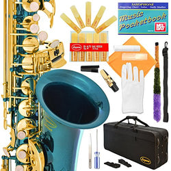 Lazarro Professional Sea Blue Body Gold Keys E-flat Eb Alto Saxophone Sax with 11 Reeds, Case, Music Book, Mouthpiece and Many Extras, 360-SB