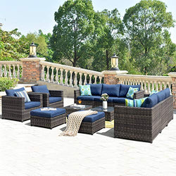 XIZZI Patio Sets,Big Size Outdoor Patio Furniture 12 Pcs, All Weather PE Rattan Furniture with 4 Pillows and and Furniture Covers,No Assembly Required (12 Pcs Big Size, Denim Blue)