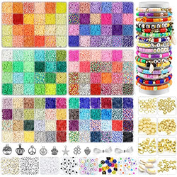 BIBOKLTIY 144 Colors 15000PCS Clay Beads for Bracelets Making Kit, 6mm Flat Round Clay Heishi Beads for Jewelry Making with Letter Beads Silver Charms and Elastic Strings, Crafts Gifts for Girls