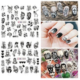 Halloween Nail Stickers Day of The Dead Nail Art Water Decals Transfer Foils for Nails Supply Skull Clown Spider Pumpkin Maple Leaf Design Nail Tattoos DIY Halloween Party Decoration Supplies 12PCS