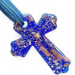 Silver Blue Cross Lampwork Glass Murano Bead Pendant Ribbon Wax Cord Necklace