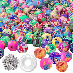 Quefe 300Pcs Round Fimo Polymer Clay Beads Assorted Colorful Pattern Handmade Loose Beads with 50