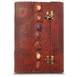 Chakra Journal with 7 Chakra Stones - Handmade Leather Journal with Clasp - Unlined Recycled Cotton Paper - Real Semi-Precious Gemstones - 10 x 7 in.