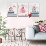 Canvas Wall Art for Girls Bedroom Pink Fashion Wall Decoration 3 Pieces Picture Artwork Framed Prints Ready to Hang for Bathroom Home Teen Girls Room Woman Room Modern Wall Decor 12"x16" Each Panel