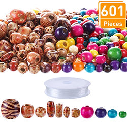 Blulu 600 Pieces Natural Color Printed Wood Beads Multi-Color Round Wooden Beads Wooden Spacer