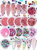 Warmfits Holographic Nail Glitters Pink Glitters Butterfly Flowers Bunny Circle Shaped Nail Glitters Easter Day Nail Designs Sparkle Nail Sequins Mixed Size Powder for Craft Nail Art Painting 12 Boxes