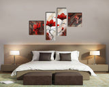 Noah Art-Rustic Flower Art, Red Tulip Flower Picture 100% Hand Painted Floral Artwork Modern Abstract Flower Oil Paintings on Canvas, 4 Piece Framed Flower Wall Art for Bedoom Wall Decor
