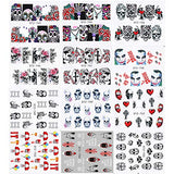 25 Sheets Halloween Nail Stickers Day of The Dead Water Transfer Nail Decals Skull Ghost Eye Hulk Clown Witch Nail Art Stickers Halloween Party Supply Favors Manicure Tips Charms Decoration