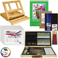 US Art Supply 68-Piece Custom Artist Acrylic Painting Set with, Wood Drawer Table Easel, 24-Tubes