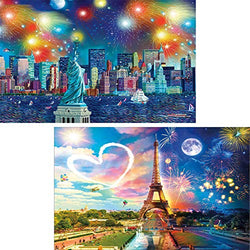 Ginfonr 2 Pack 5D DIY Diamond Painting America & Paris by Number Kits Full Drill, Eiffel Tower Paint with Diamonds Some Great Embroidery Rhinestone Cross Stitch Art Decor (12 x 16 inch)