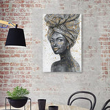 African Woman Wall Art Décor - Elegant Black Girl with Traditional Turban and Golden Earrings Pictures - Black and White Themed Artwork Poster Home Decoration (12"x16"x1)