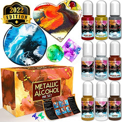 Resinfans Metallic Alcohol Ink Resin 9 Color Pigment - Dye Inks For Epoxy Craft Resin Paint Crystalac Brite Tone Sets Gold Silver Gunmetal Copper Pearl Deeper White and Sinking White Mixatives