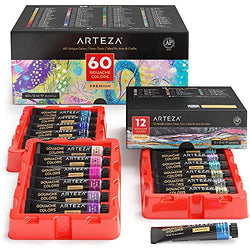 Arteza Metallic Gouache Paint 12 Colors and Gouache Paint 60 Colors Bundle, Painting Art Supplies for Artist, Hobby Painters & Beginners