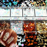 Holographic Nail Glitter Flakes,12 Grids 3D Nail Sequins Irregular Glitters Flake Shiny Gold Silver Transfer Foil Sequin Decoration Accessories for UV Gel Nails Design Nail Art Supplies (Vintage )