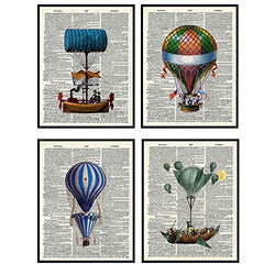 Colorful Balloon Unframed Dictionary Wall Art Prints - Great Gift for Steampunk Fans and Hot Air Balloon Enthusiasts - Chic Home Decor - Ready to Frame - Set of Four (8x10) Vintage Photos