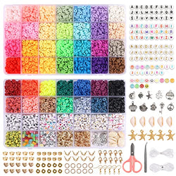 QUEFE 11500pcs Clay Beads for Bracelet Making with Letter Smiley Face Beads, 42 Colors Flat Round Polymer Clay Heishi Beads Kit with Pendant Charms Elastic Strings for DIY Craft Necklace Jewelry
